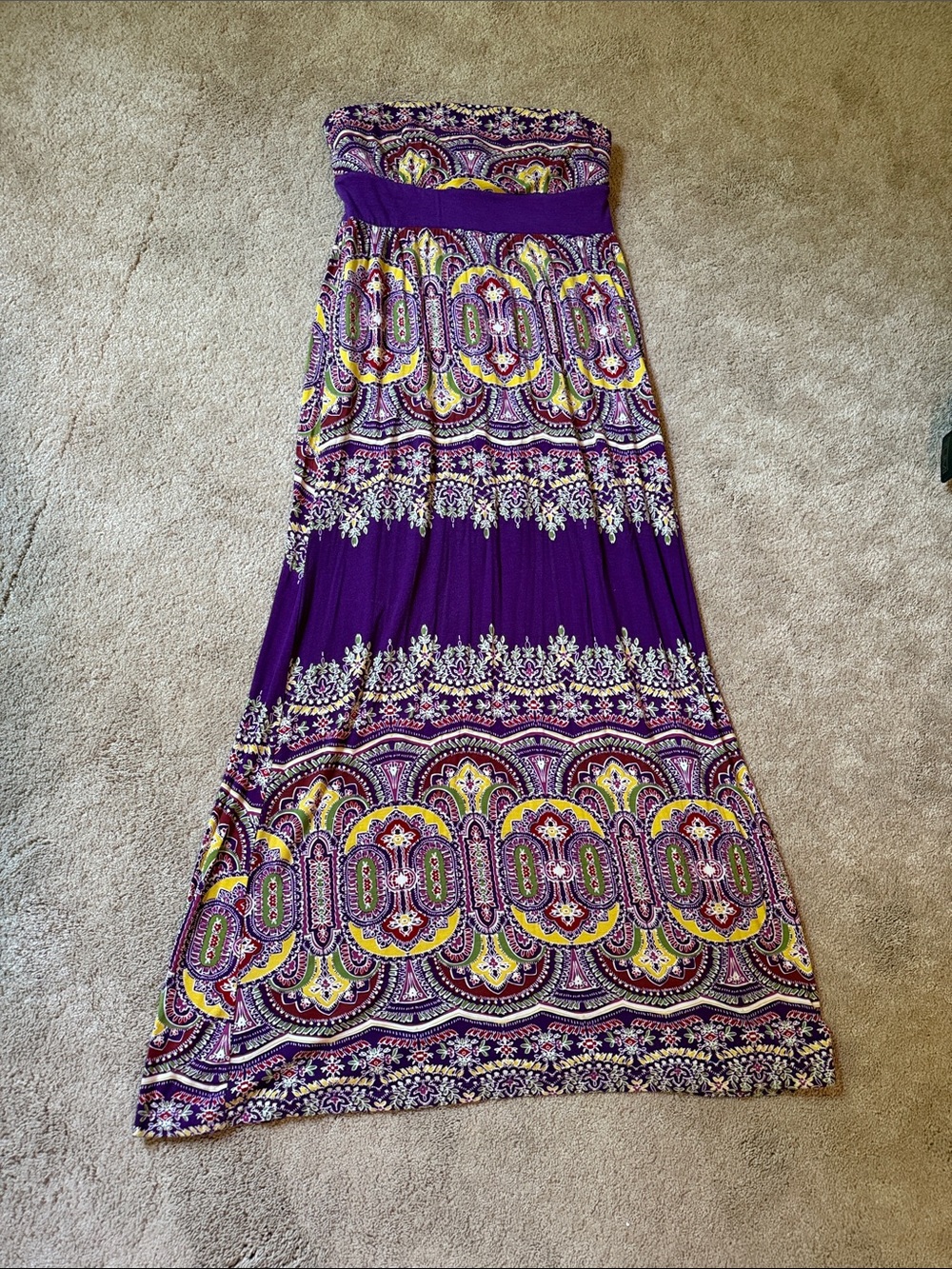 Purple Printed Strapless Maxi Dress